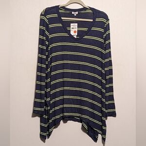 Splendid Blue Lime Green Stripe Asymmetrical Hem V Neck Long Sleeve Top - Large
